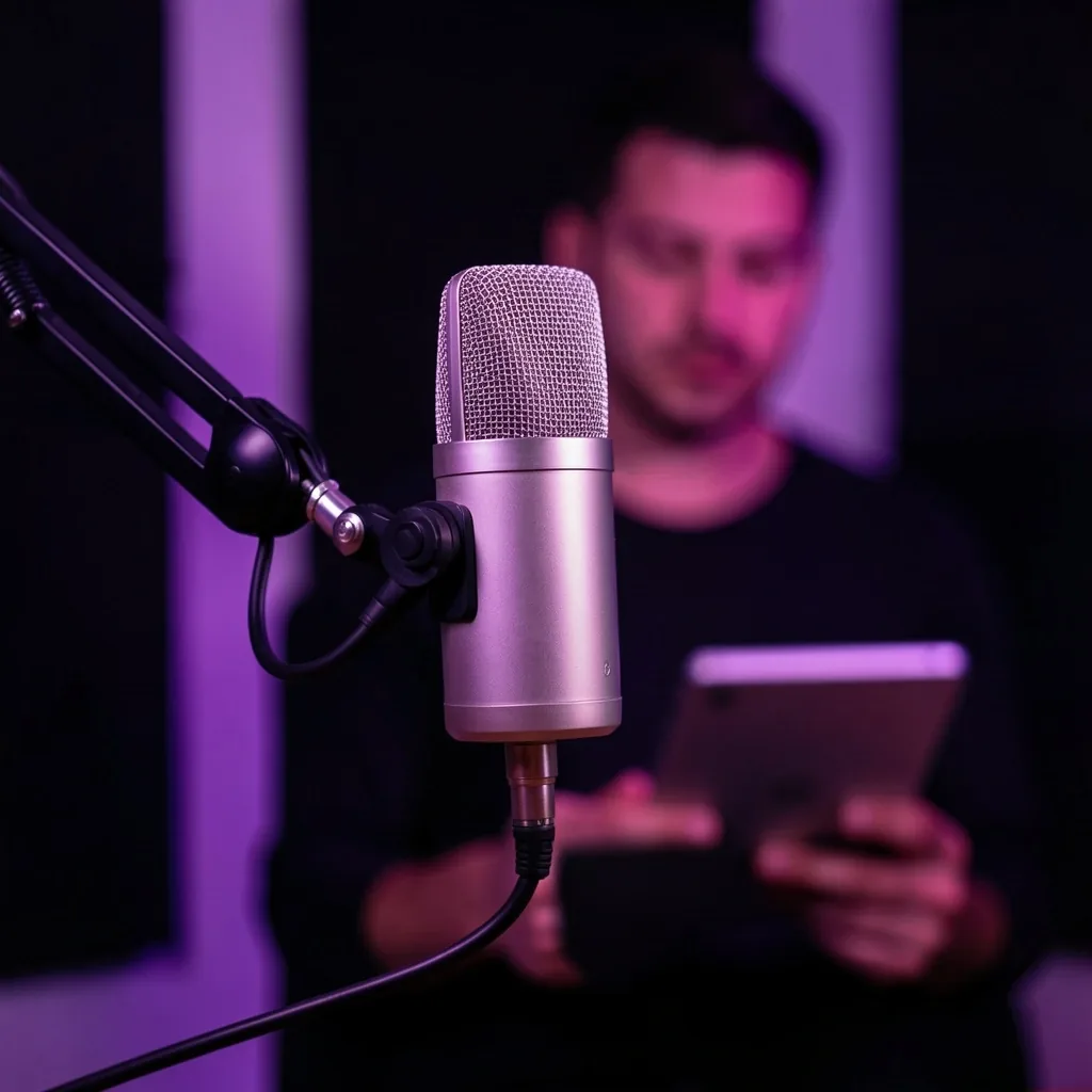 Kulaklık takıp podcast dinleyen kişi ve mikrofonlu çalışma masası