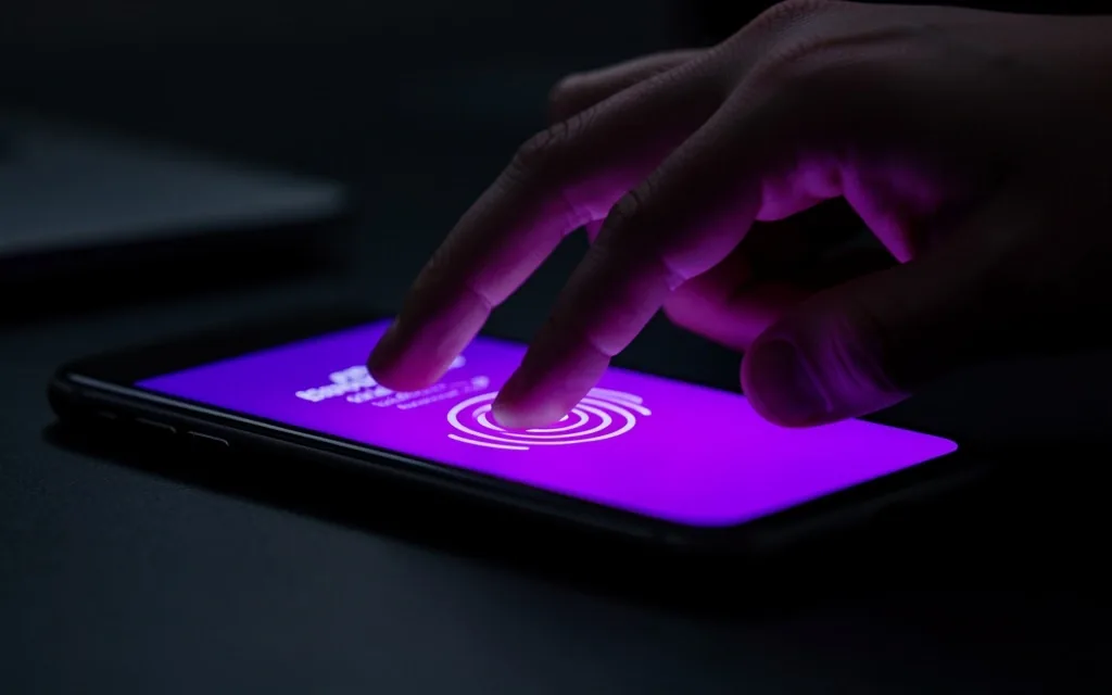 Karanlık odada ahşap masada mor ekran ışığı parlayan telefon